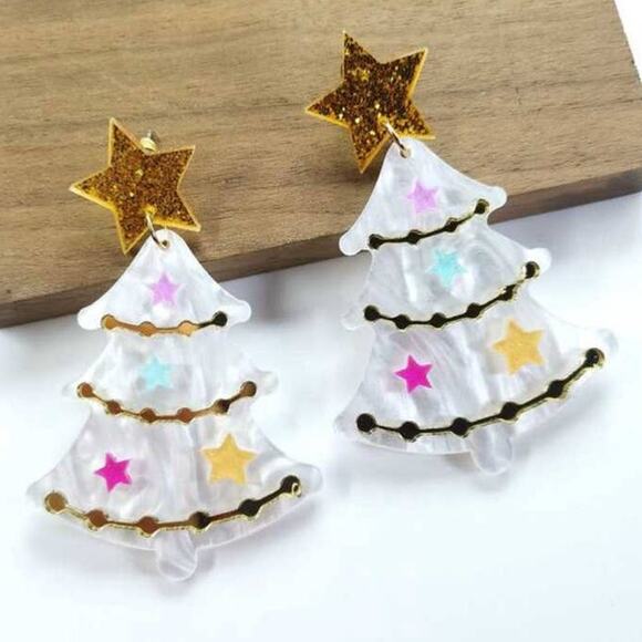 NEW White Christmas Tree Glitter Acrylic Holiday Stud Earrings - Picture 2 of 3